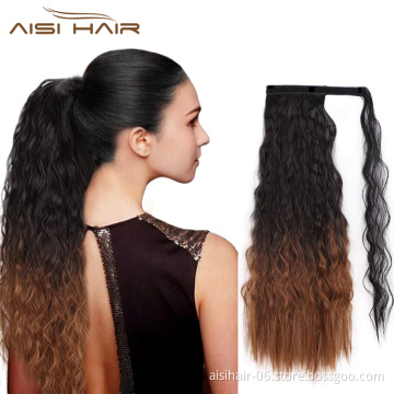 Aisi Hair Black Mixed Brown Long Wavy Drawstring Ponytail Hairpiece Heat Resistant Synthetic Hair Clip In Extensions For Women